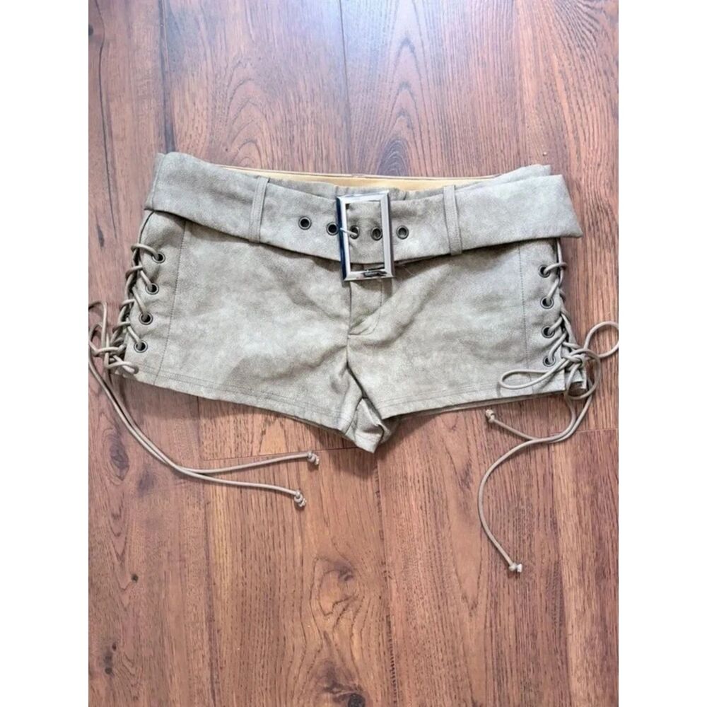 Army Green Faux Leather Shorts | Y2K Ruched Low Rise Going Out Shorts